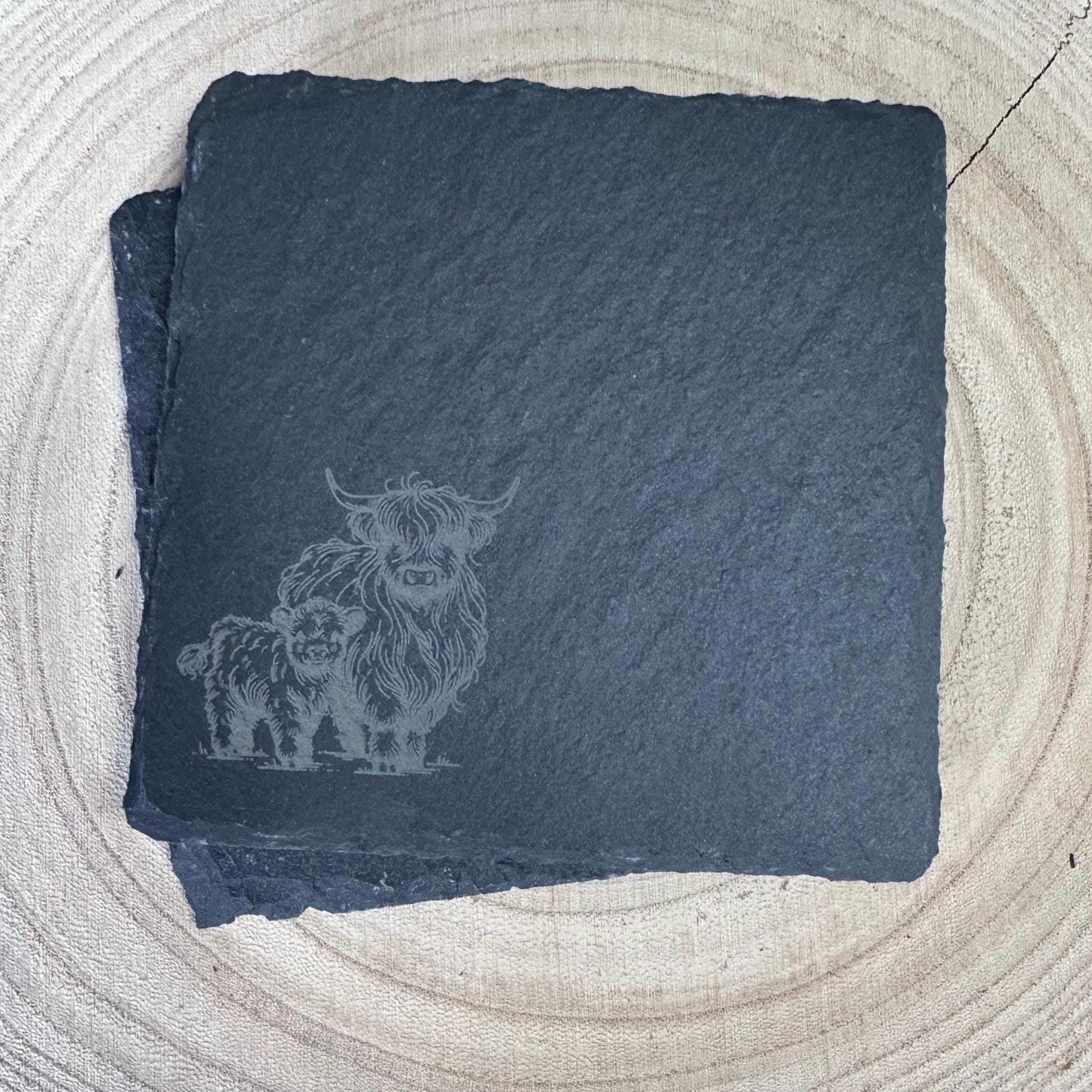 Rustic Highland Cow Slate Coaster | 4"/10cm Square Natural Stone Drink Coaster | Farmhouse Decor | Scottish Gift | Handmade Engraved
