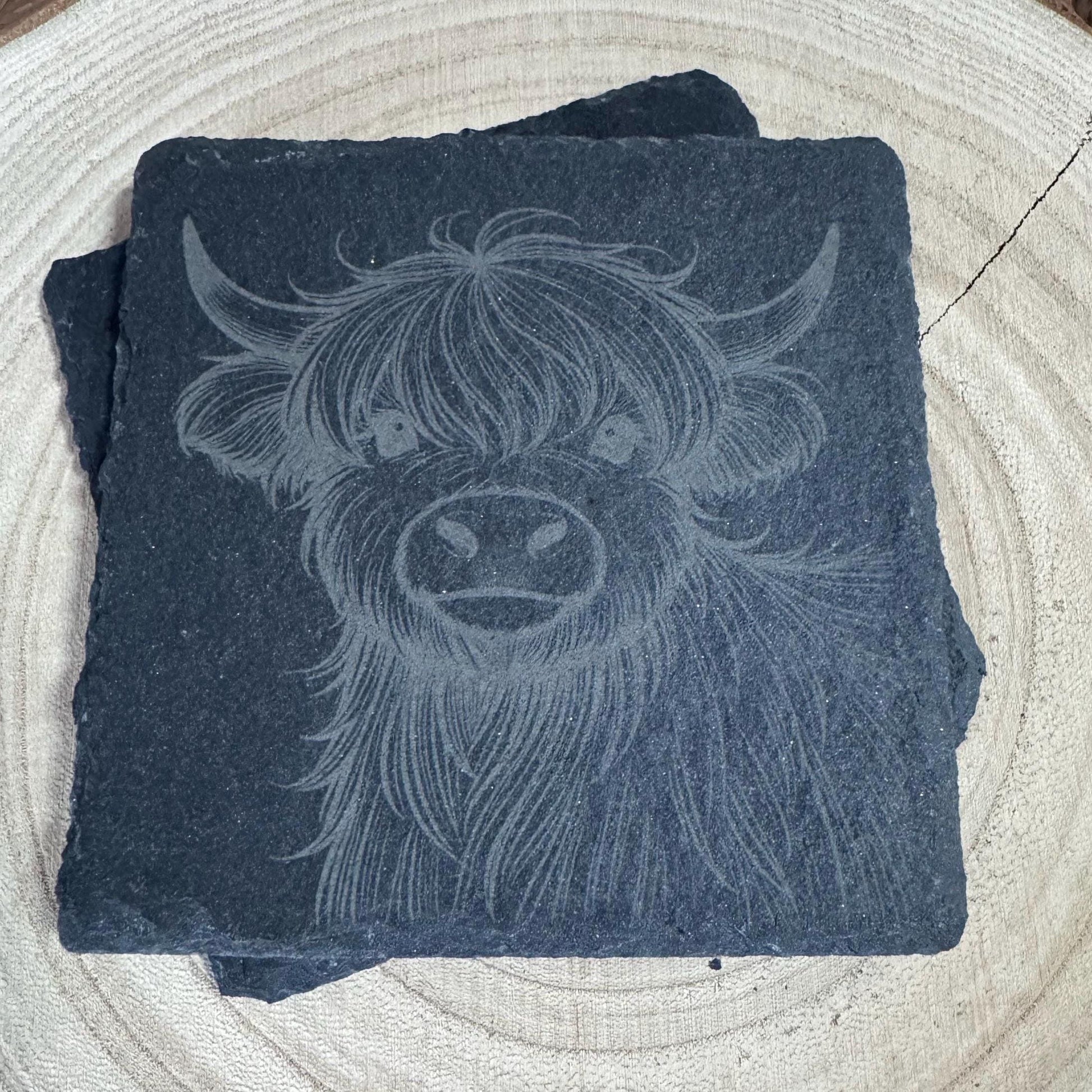 Rustic Highland Cow Slate Coaster | 4"/10cm Square Natural Stone Drink Coaster | Farmhouse Decor | Scottish Gift | Handmade Engraved