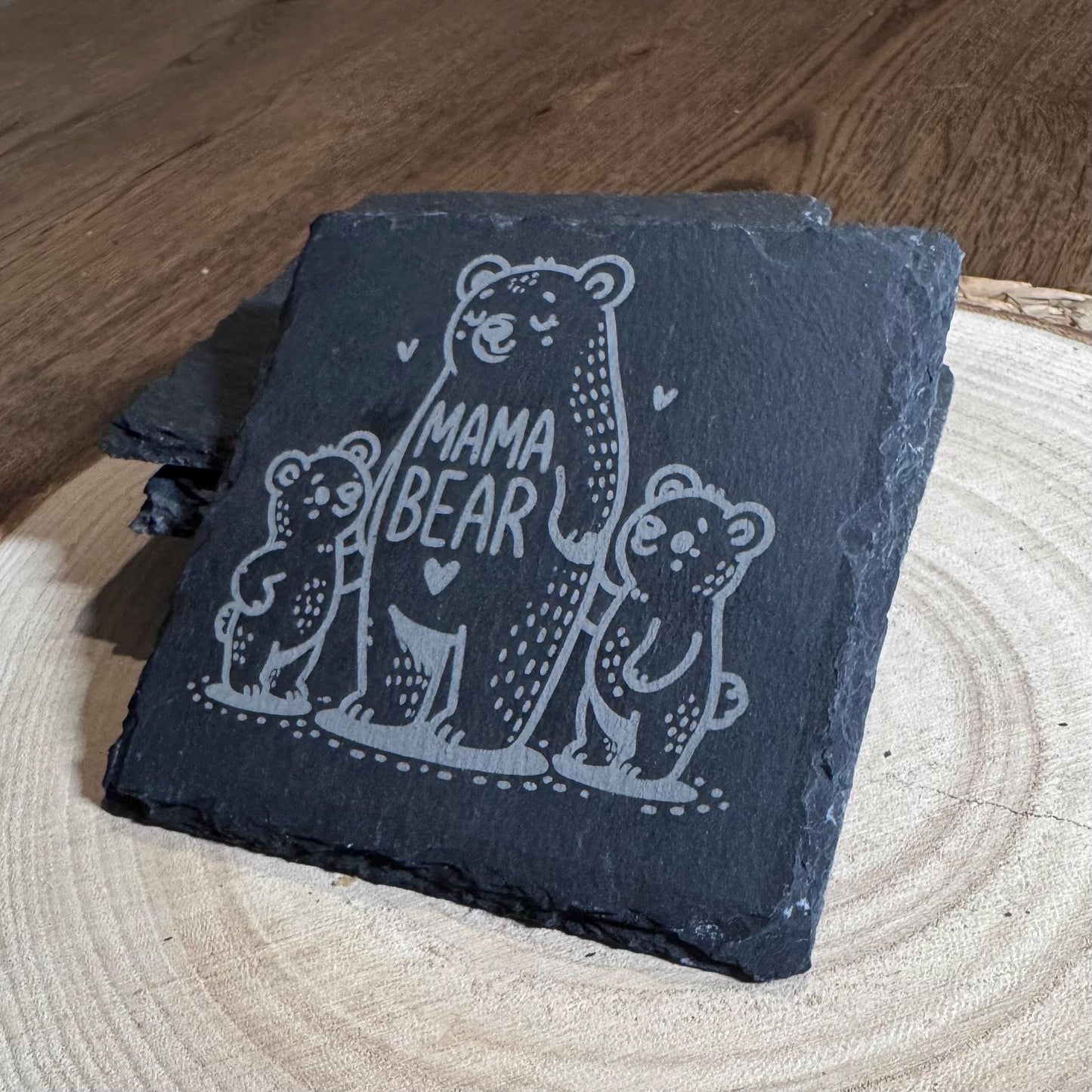 Mama Bear Slate Coaster - Mother's Day Gift - 4" Square Natural Slate - Mama & Baby Bears Engraved Drink Coaster