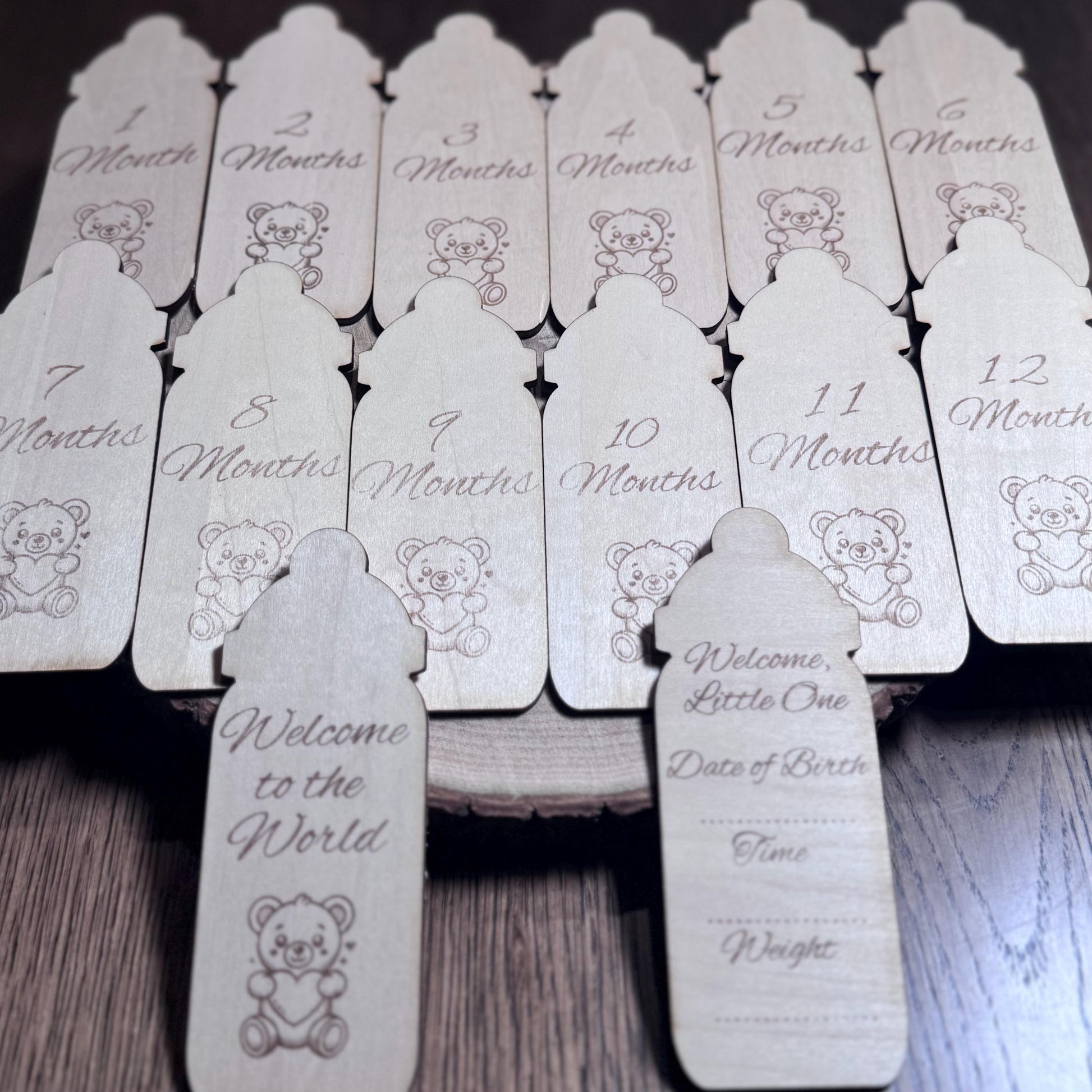 Baby bottle baby milestone discs monthly photo props wooden keepsake set includes welcome disc and fill in birth stats baby gift