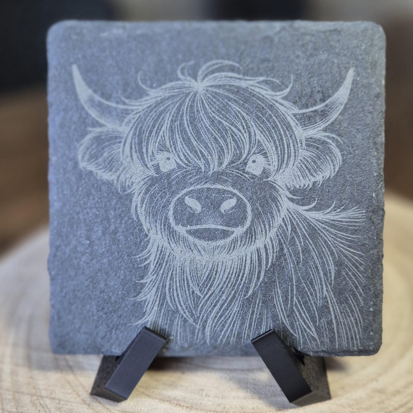Rustic Highland Cow Slate Coaster | 4"/10cm Square Natural Stone Drink Coaster | Farmhouse Decor | Scottish Gift | Handmade Engraved