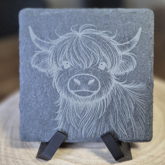 Rustic Highland Cow Slate Coaster | 4"/10cm Square Natural Stone Drink Coaster | Farmhouse Decor | Scottish Gift | Handmade Engraved
