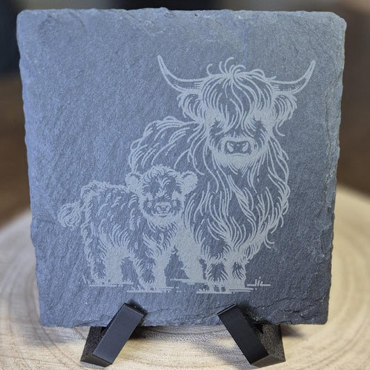 Rustic Highland Cow Slate Coaster | 4"/10cm Square Natural Stone Drink Coaster | Farmhouse Decor | Scottish Gift | Handmade Engraved
