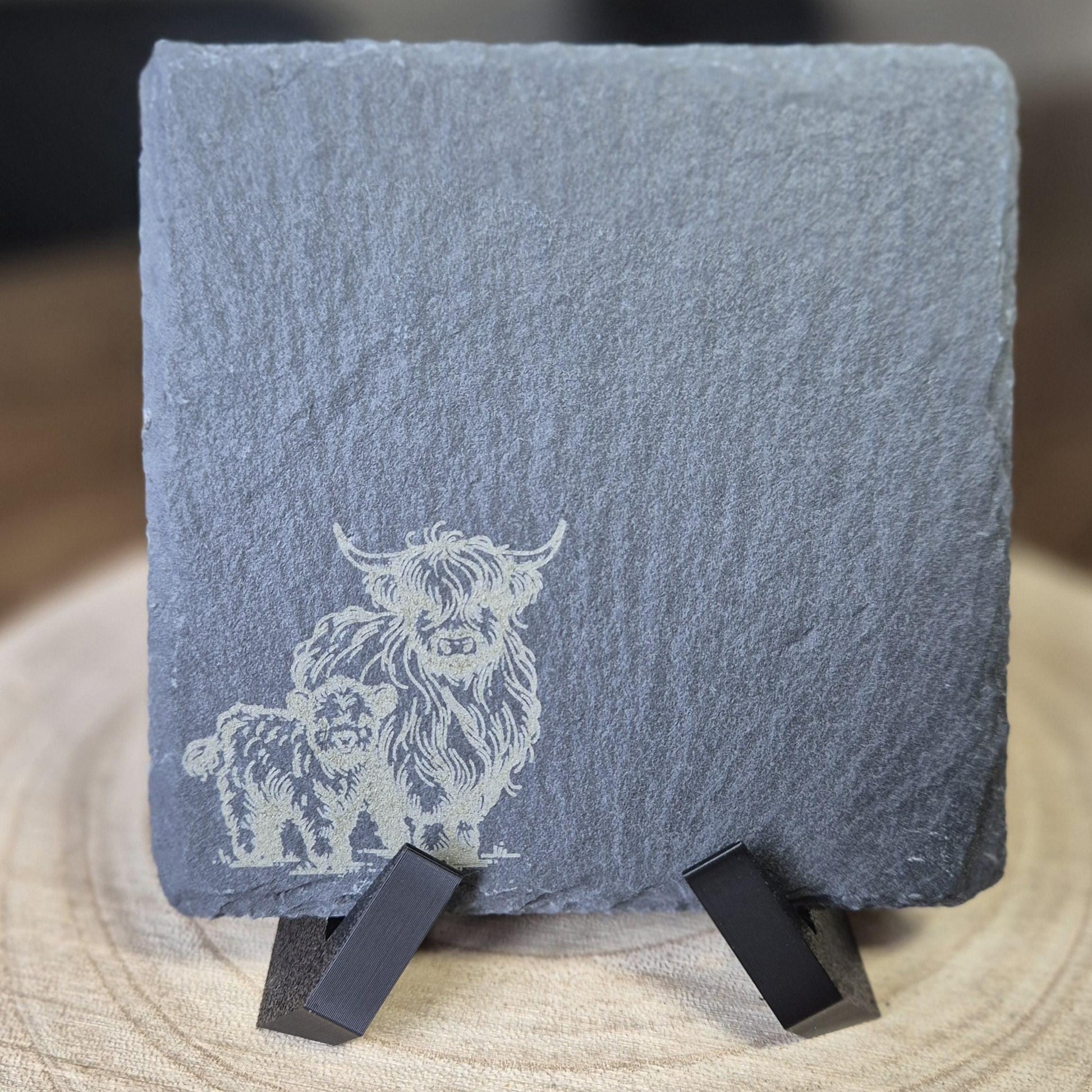 Rustic Highland Cow Slate Coaster | 4"/10cm Square Natural Stone Drink Coaster | Farmhouse Decor | Scottish Gift | Handmade Engraved