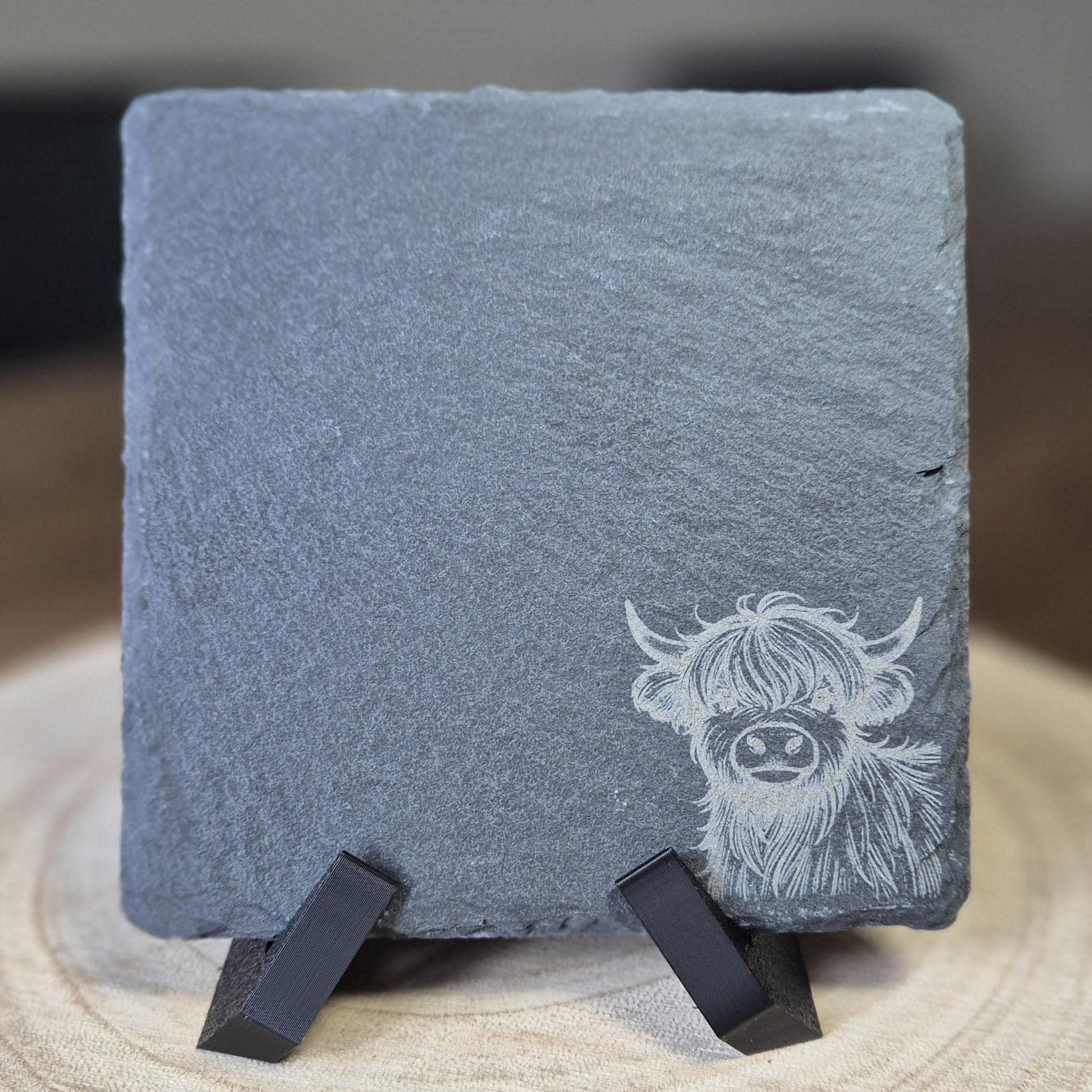 Rustic Highland Cow Slate Coaster | 4"/10cm Square Natural Stone Drink Coaster | Farmhouse Decor | Scottish Gift | Handmade Engraved