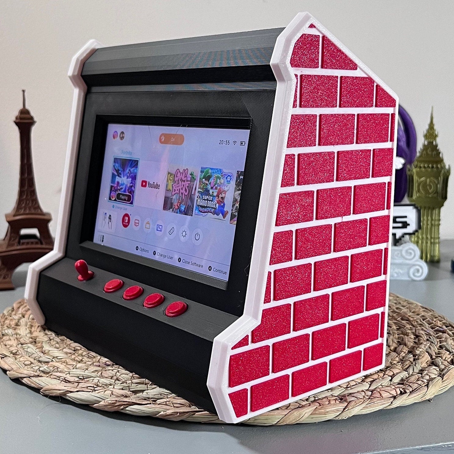 Retro Brick 3D Printed Arcade for Original Nintendo Switch - Game Holder with Controller Storage and Charging Space - 18 Color Options