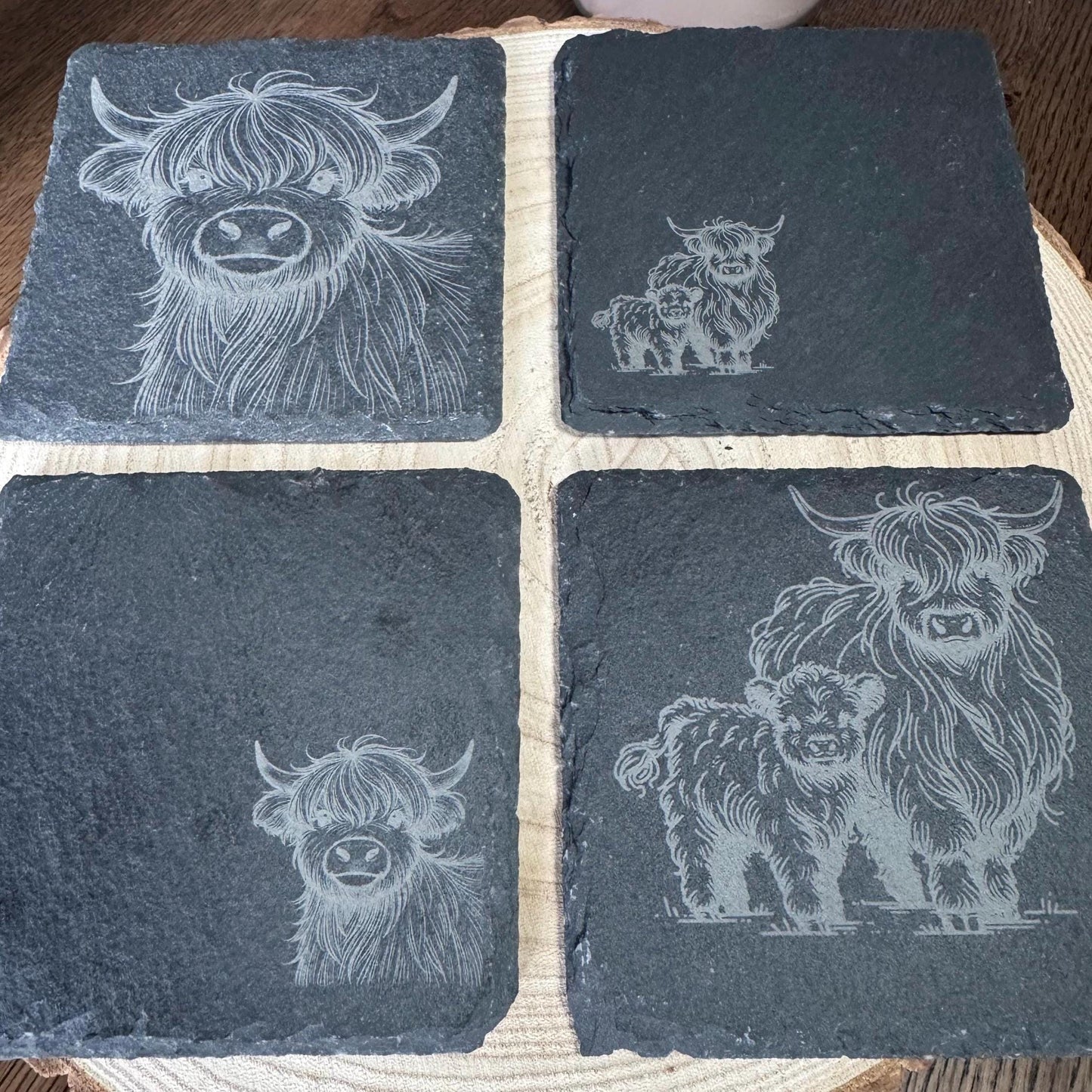 Rustic Highland Cow Slate Coaster | 4"/10cm Square Natural Stone Drink Coaster | Farmhouse Decor | Scottish Gift | Handmade Engraved