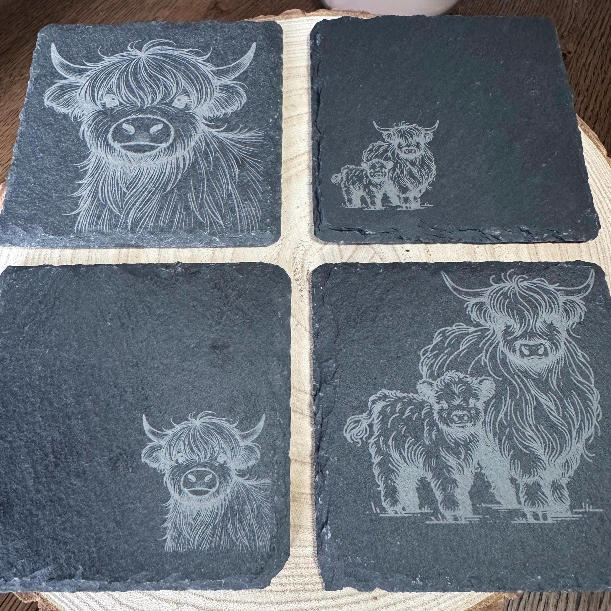 Rustic Highland Cow Slate Coaster | 4"/10cm Square Natural Stone Drink Coaster | Farmhouse Decor | Scottish Gift | Handmade Engraved