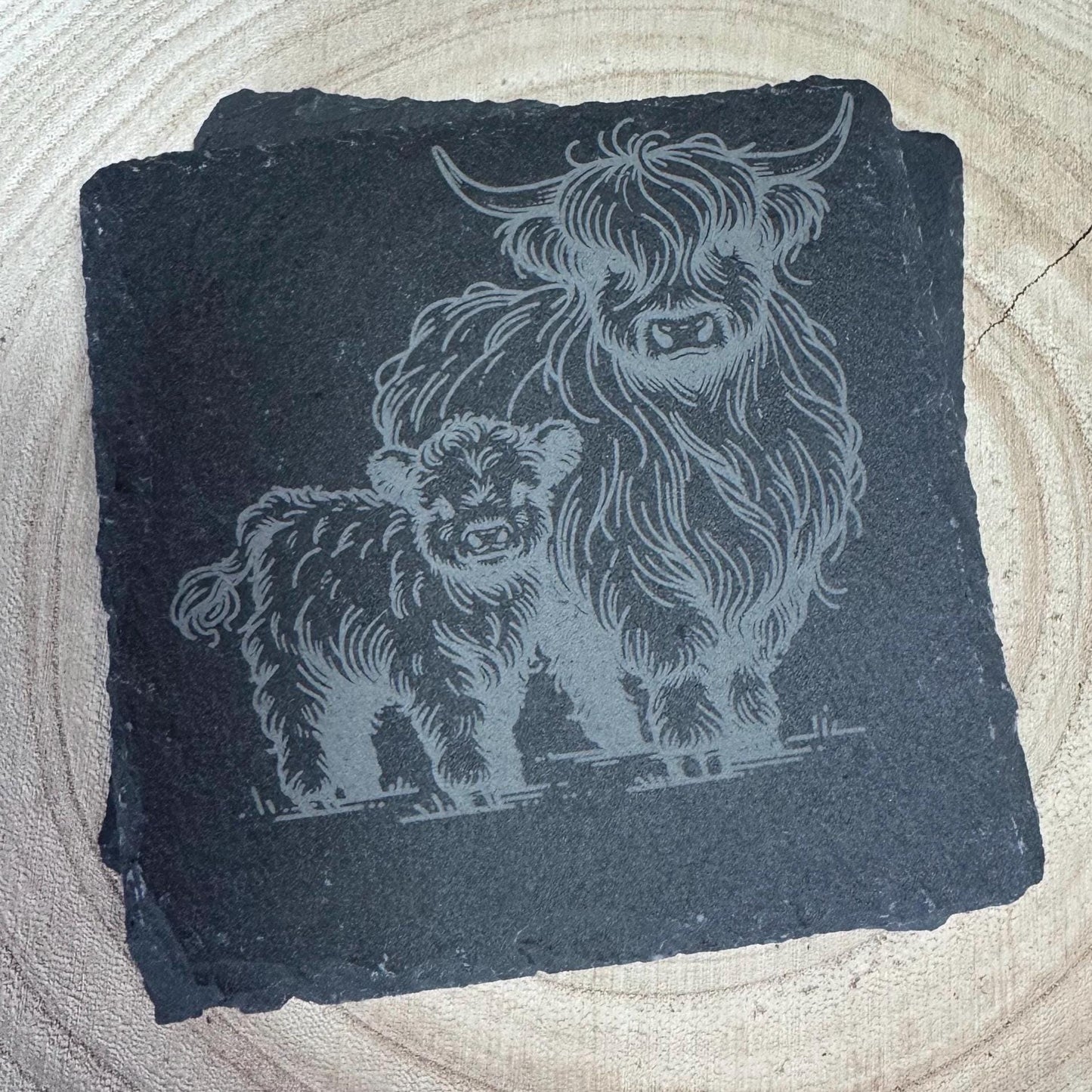 Rustic Highland Cow Slate Coaster | 4"/10cm Square Natural Stone Drink Coaster | Farmhouse Decor | Scottish Gift | Handmade Engraved