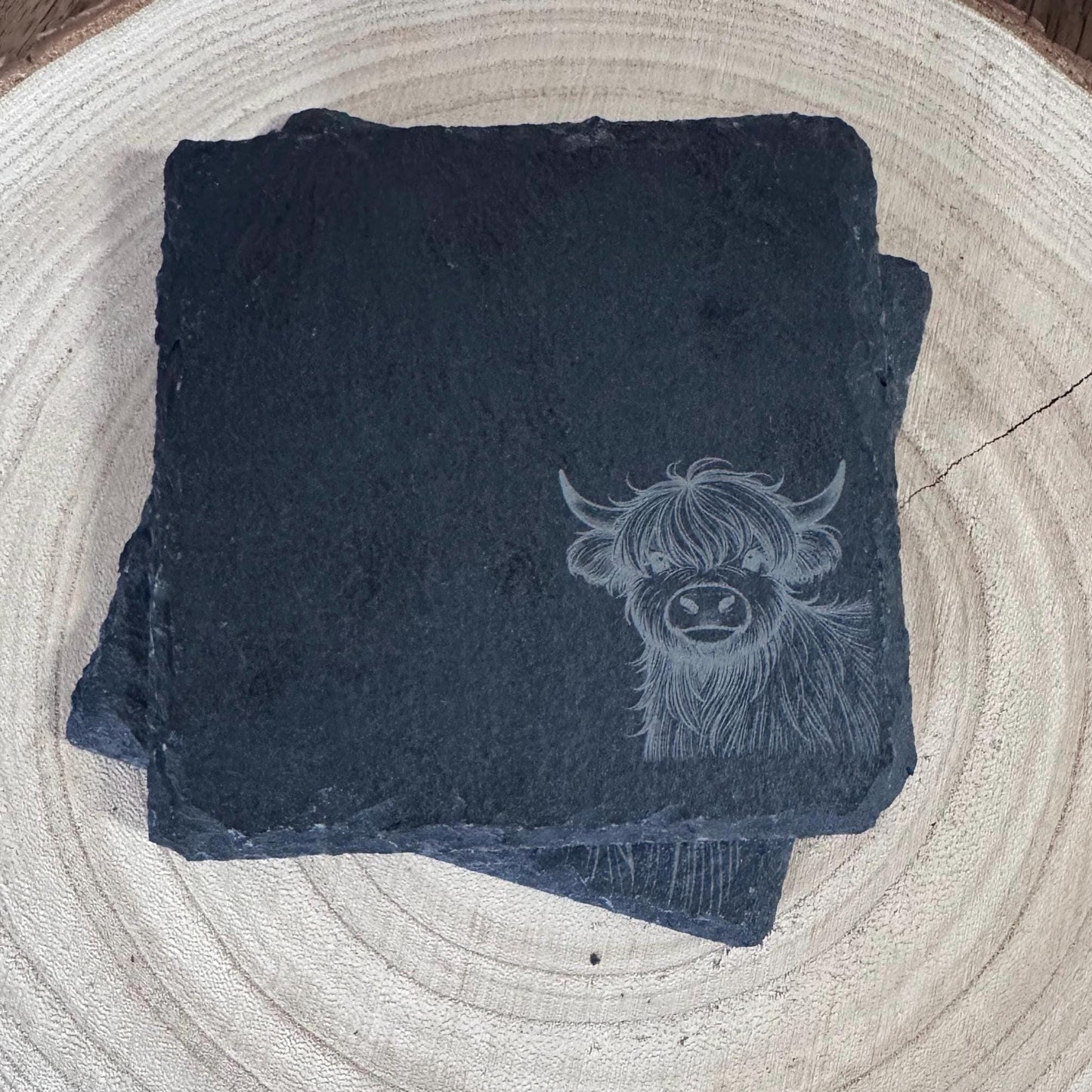 Rustic Highland Cow Slate Coaster | 4"/10cm Square Natural Stone Drink Coaster | Farmhouse Decor | Scottish Gift | Handmade Engraved