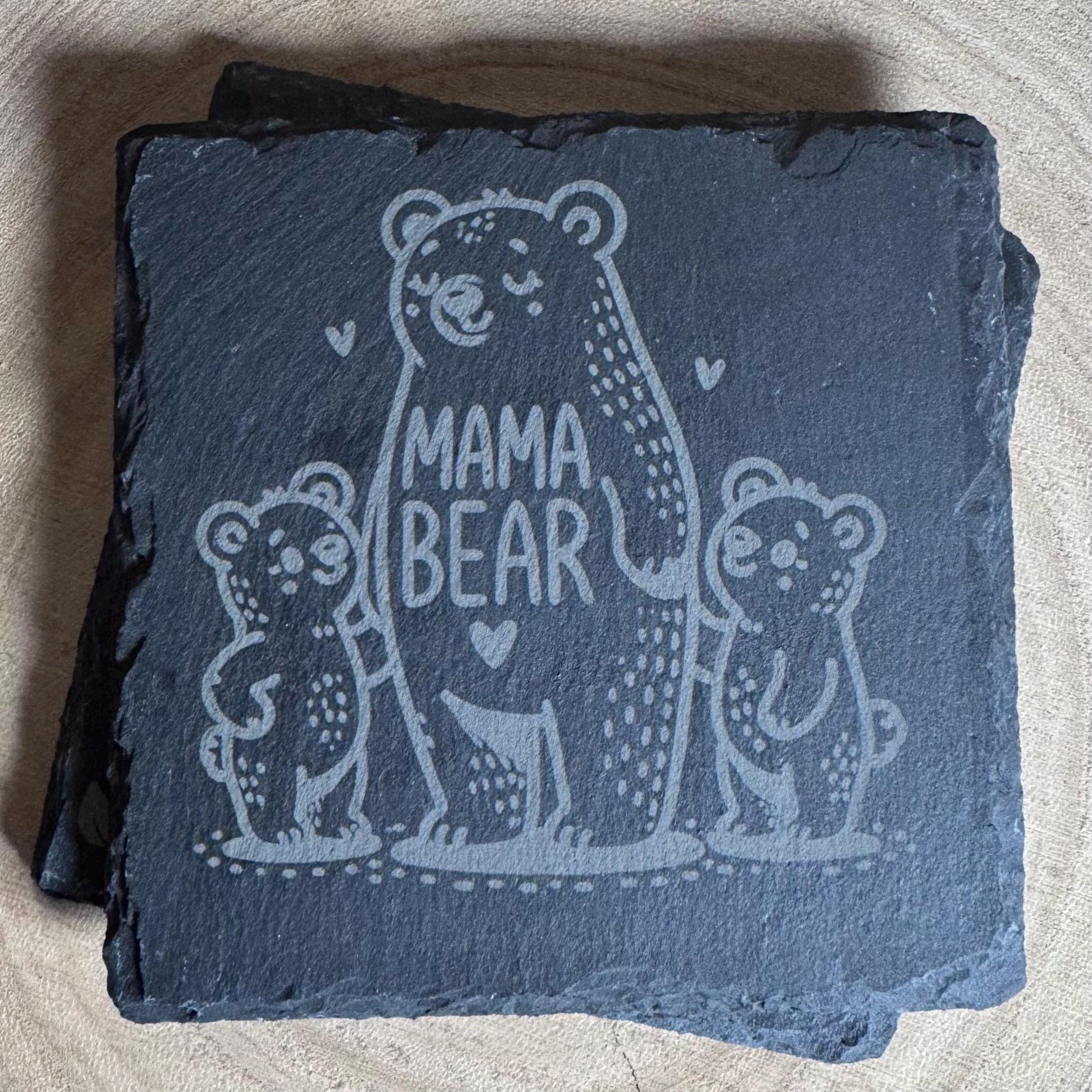 Mama Bear Slate Coaster - Mother's Day Gift - 4" Square Natural Slate - Mama & Baby Bears Engraved Drink Coaster
