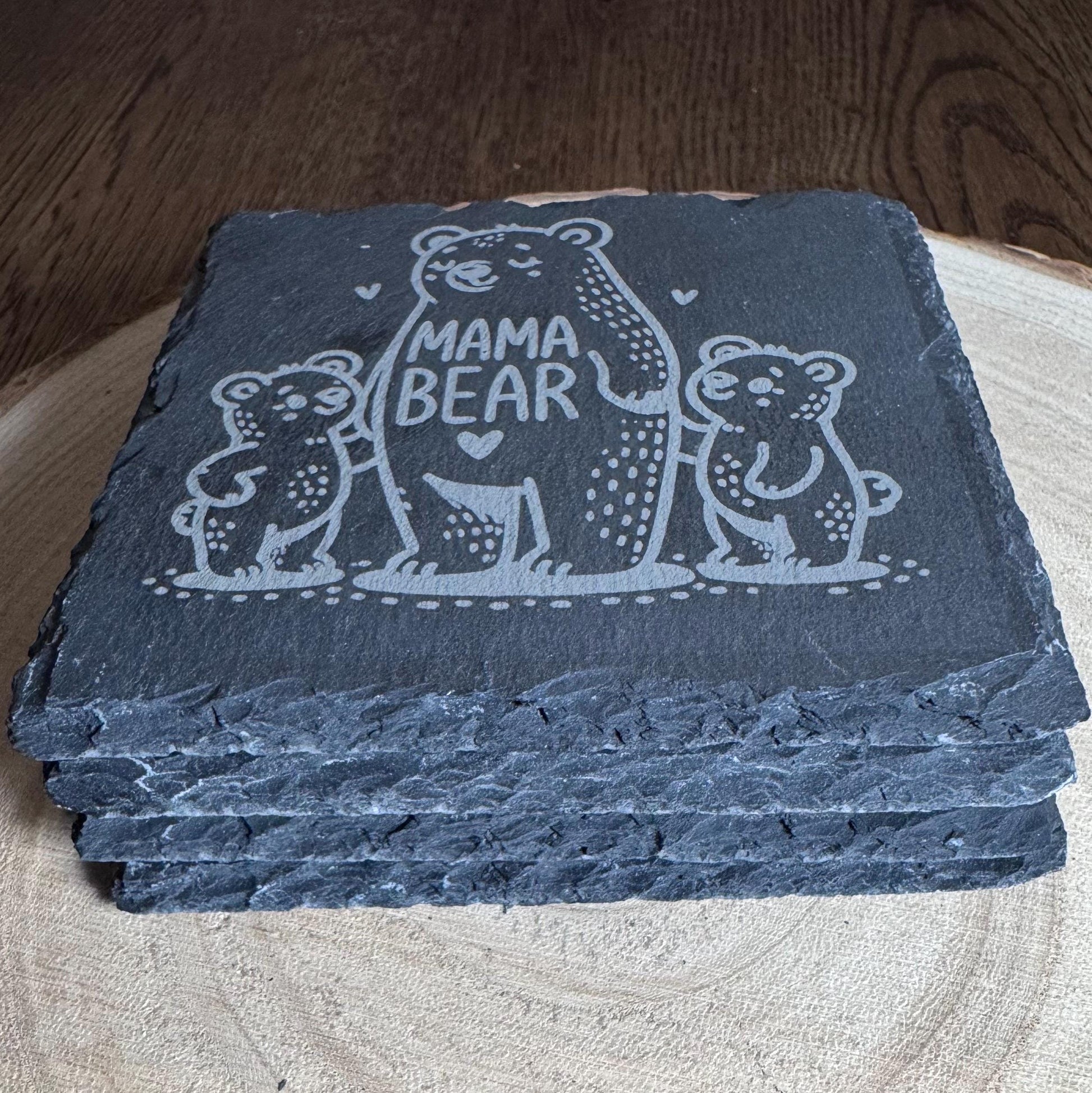 Mama Bear Slate Coaster - Mother's Day Gift - 4" Square Natural Slate - Mama & Baby Bears Engraved Drink Coaster