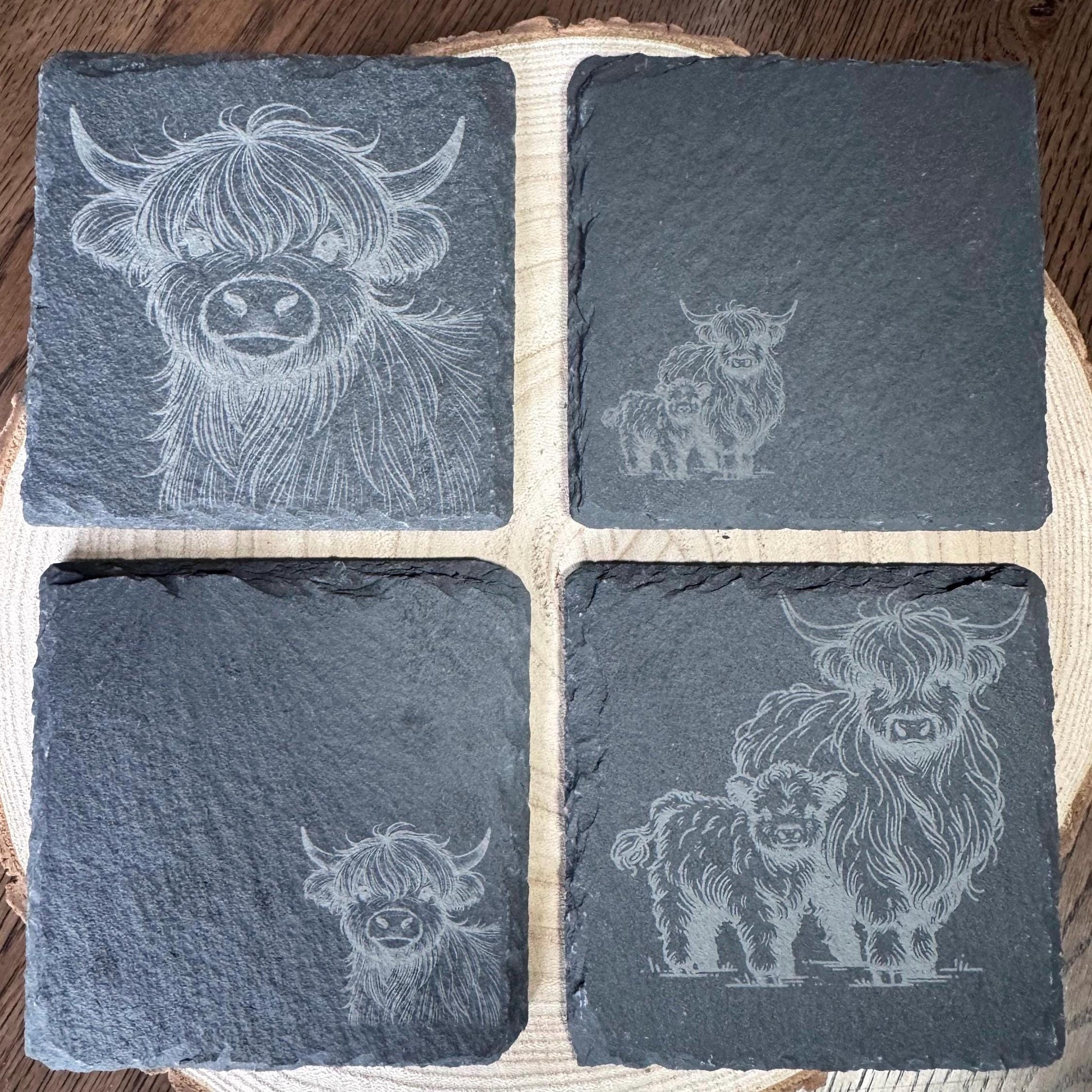 Rustic Highland Cow Slate Coaster | 4"/10cm Square Natural Stone Drink Coaster | Farmhouse Decor | Scottish Gift | Handmade Engraved