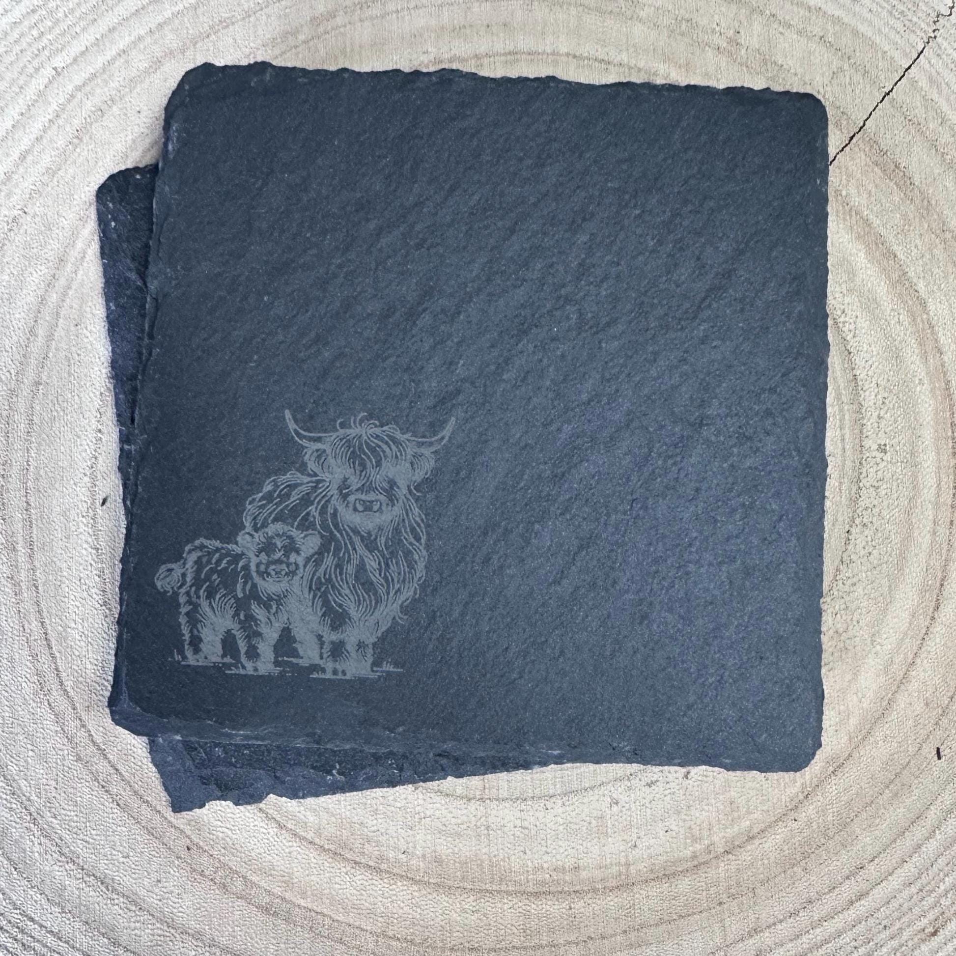 Rustic Highland Cow Slate Coaster | 4"/10cm Square Natural Stone Drink Coaster | Farmhouse Decor | Scottish Gift | Handmade Engraved
