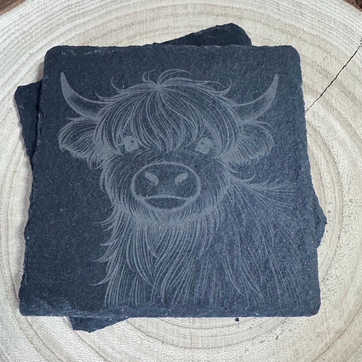 Rustic Highland Cow Slate Coaster | 4"/10cm Square Natural Stone Drink Coaster | Farmhouse Decor | Scottish Gift | Handmade Engraved