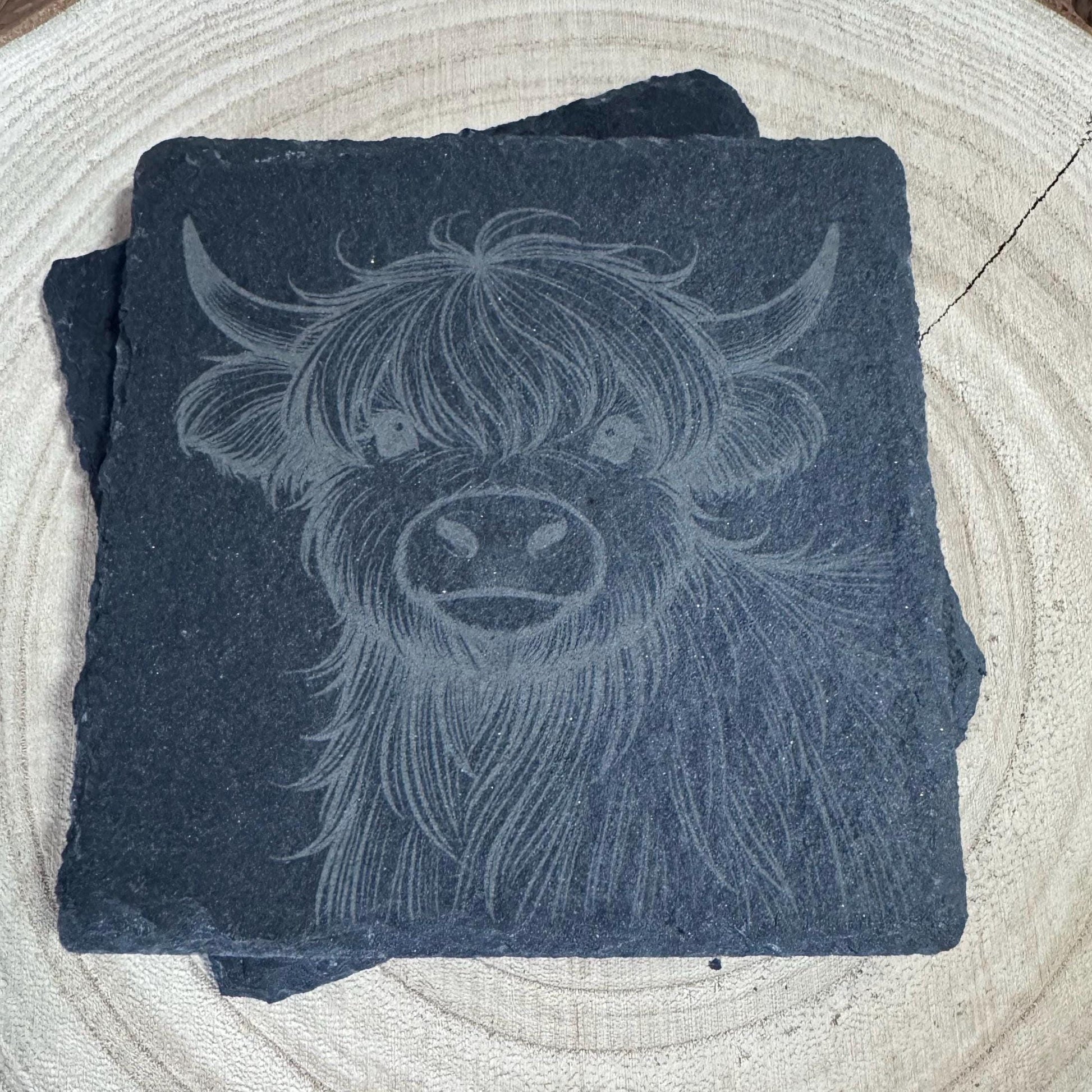 Rustic Highland Cow Slate Coaster | 4"/10cm Square Natural Stone Drink Coaster | Farmhouse Decor | Scottish Gift | Handmade Engraved