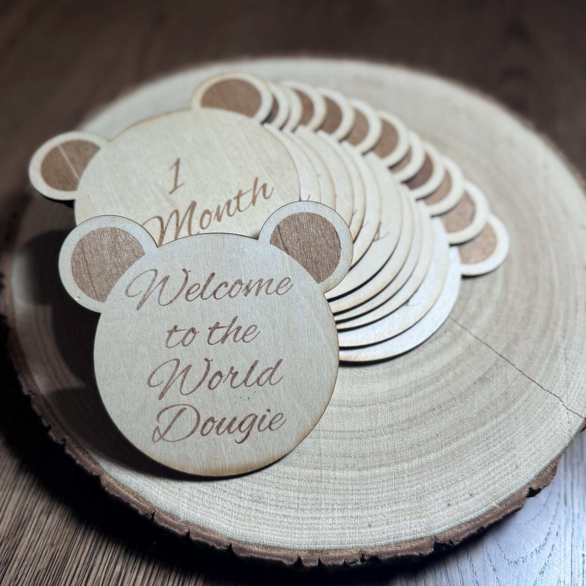 Personalised teddy bear welcome to the world baby name disc newborn photo prop baby shower gift first time mom custom wood keepsake