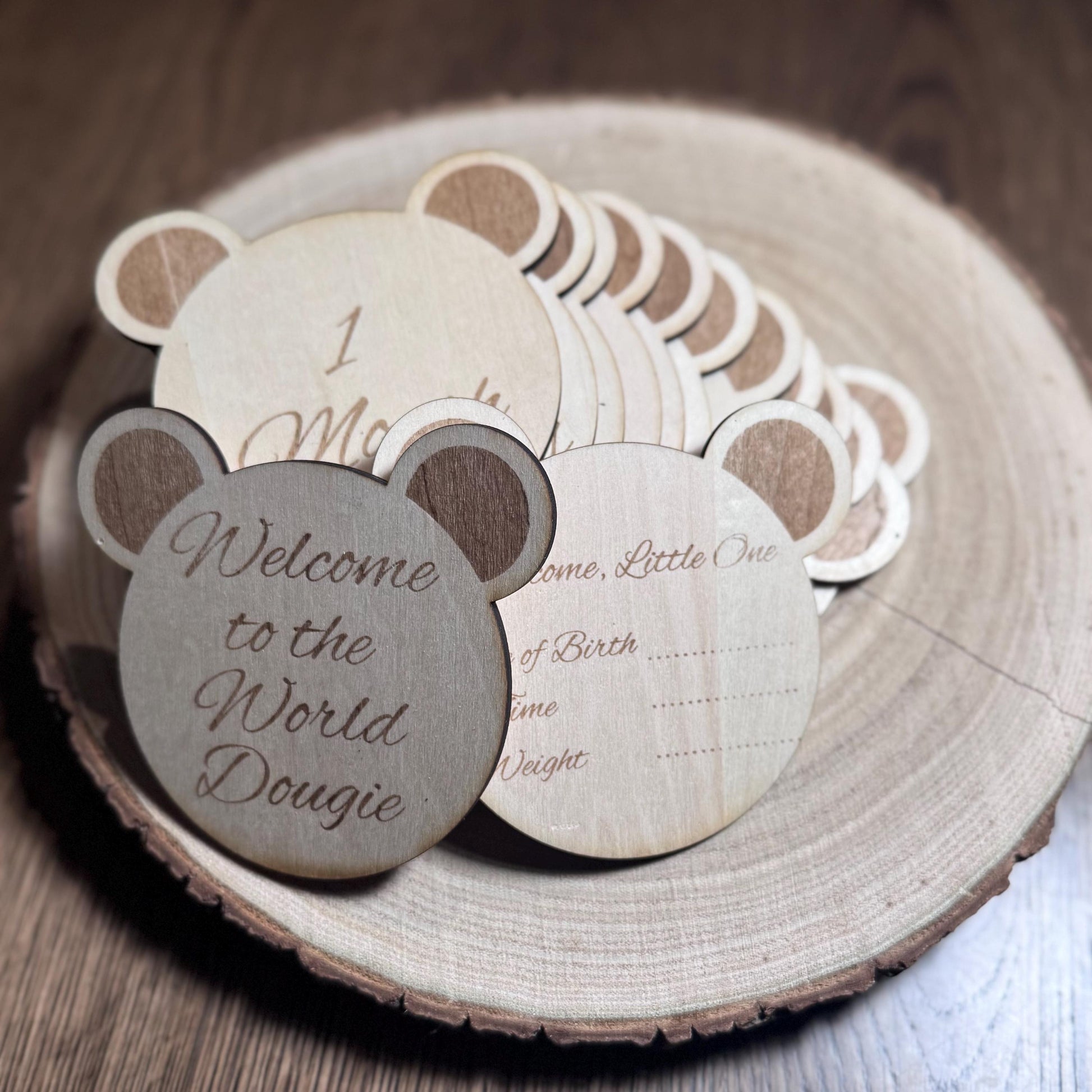 Personalised teddy bear welcome to the world baby name disc newborn photo prop baby shower gift first time mom custom wood keepsake