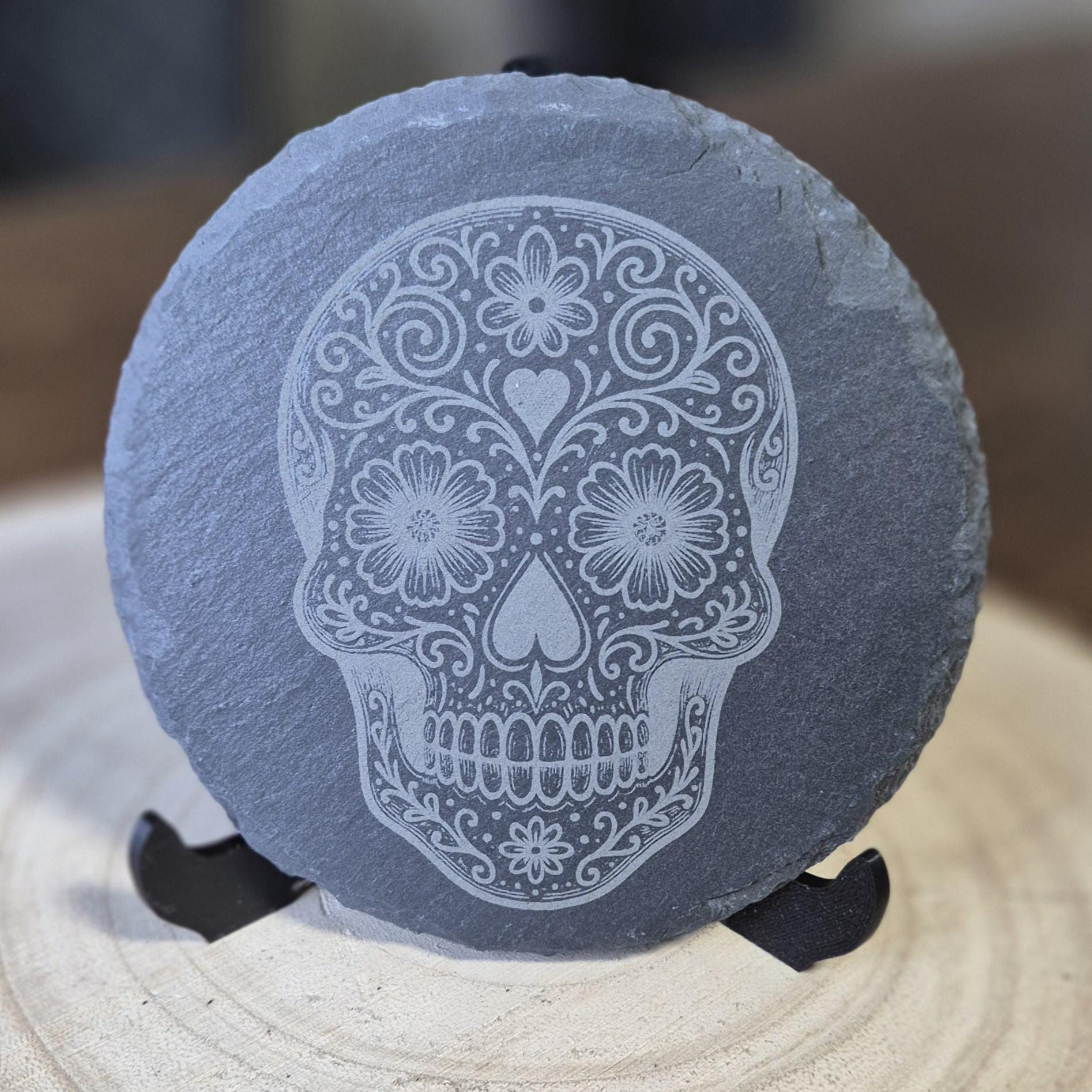 Sugar Skull Slate Coaster – Day of the Dead Decor, Colourful Gothic Home Gift, Laser Engraved Drinkware, Alternative Skull Art