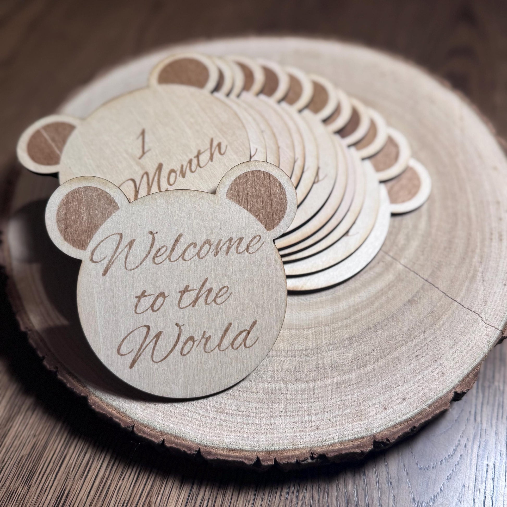 Teddy bear baby milestone discs wooden newborn photo props custom birth stats baby shower gift first time mom keepsake monthly markers