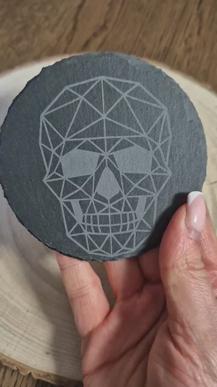 Geometric Skull Slate Coaster – Gothic Home Decor, Alternative Drinkware, Edgy Table Accessory, Unique Halloween Gift, Rock Style Decor