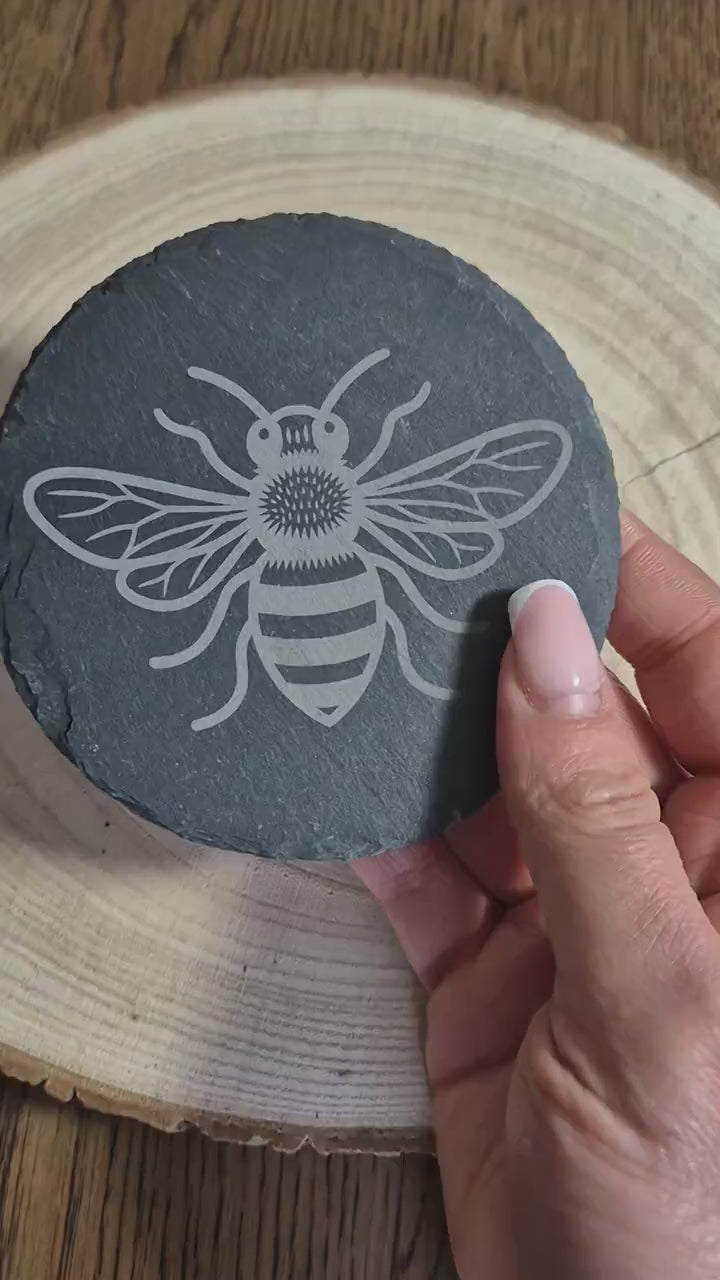 Handmade Engraved Slate Coaster with Bee Design | Natural Stone Drink Coaster | Rustic Home Decor | Bee Lover Gift | Table Protector