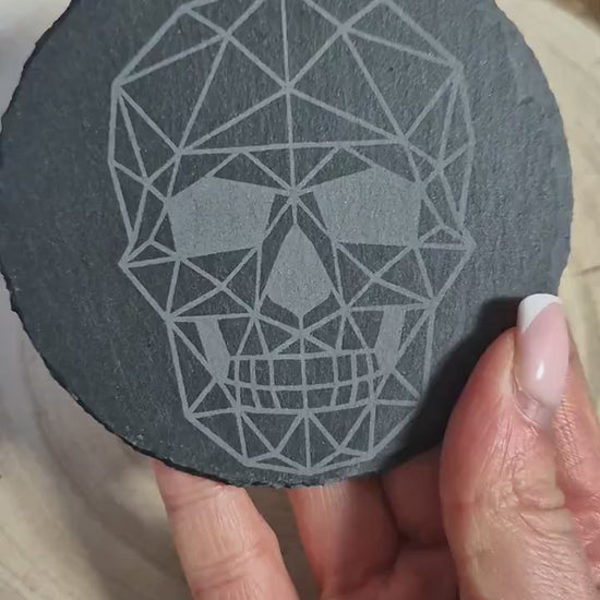 Geometric Skull Slate Coaster – Gothic Home Decor, Alternative Drinkware, Edgy Table Accessory, Unique Halloween Gift, Rock Style Decor